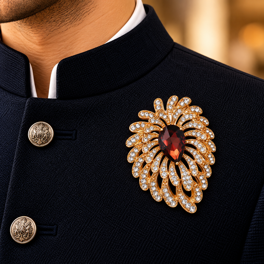 Albetro The Phoenix Plume red crystal gold brooch on navy bandhgala
