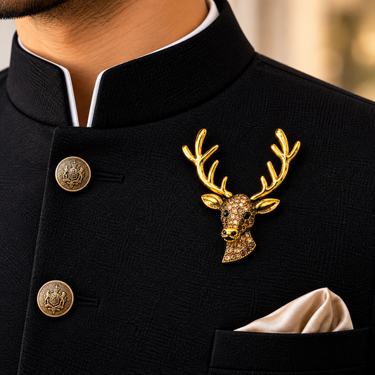 Albetro The Royal Stag gold crystal deer brooch on black bandhgala jacket