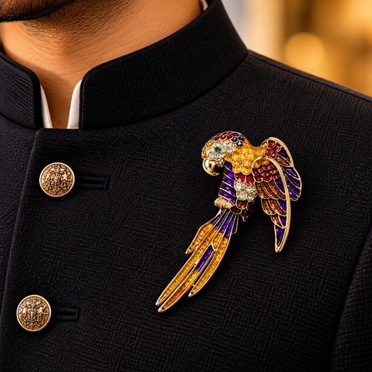 Albetro The Macaw Royale multicolour crystal parrot brooch on black bandhgala