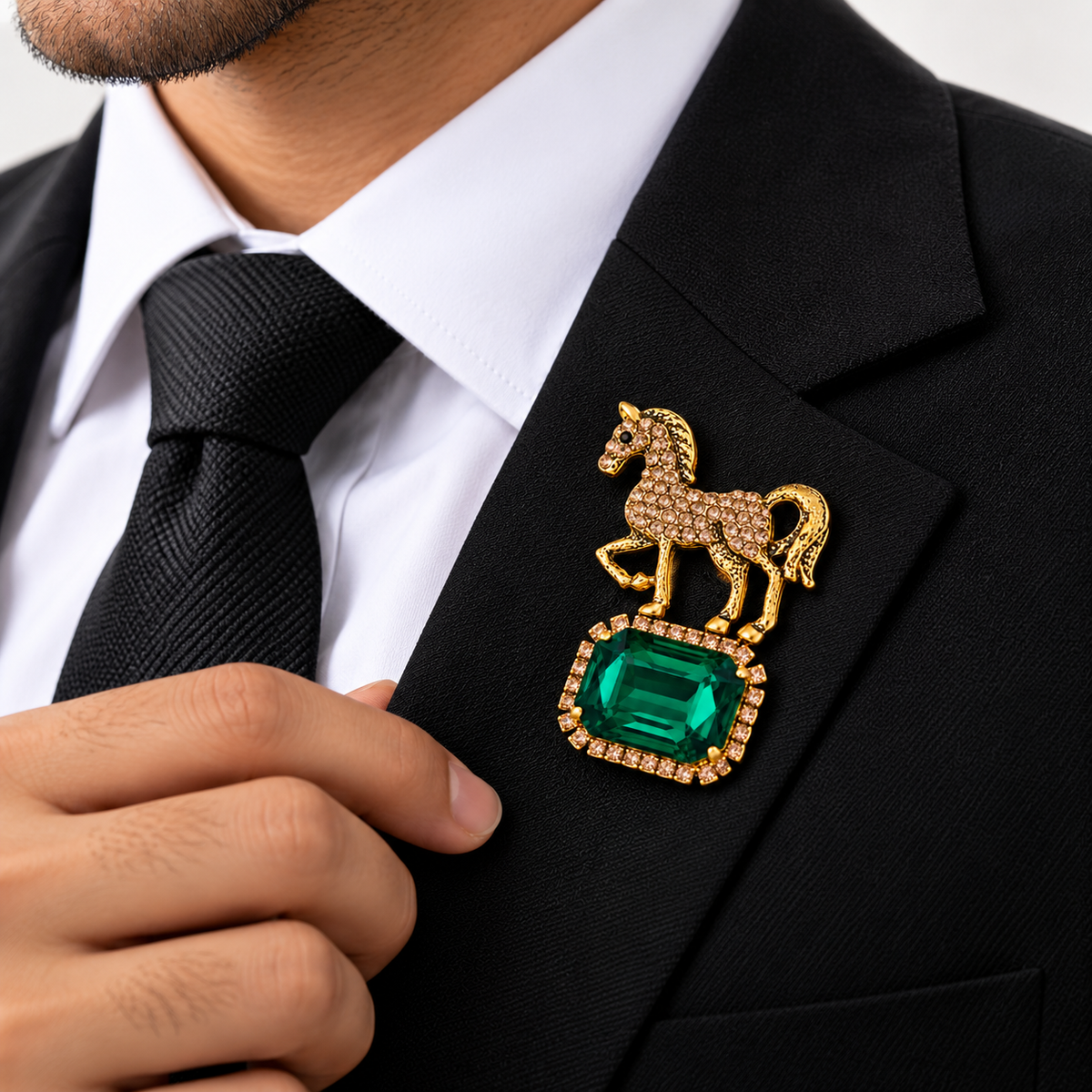 Albetro The Emerald Steed gold horse brooch on black suit lapel