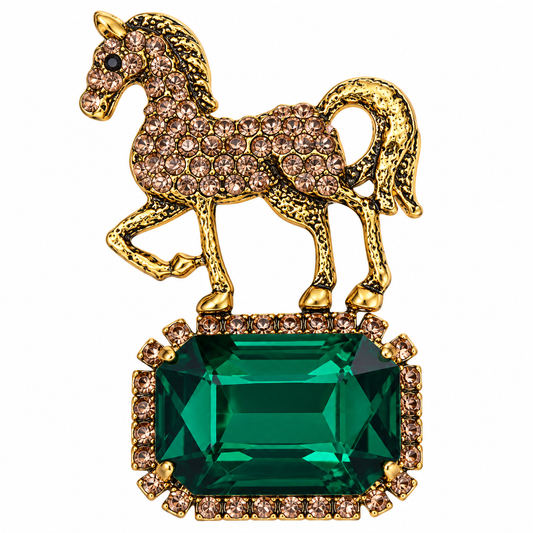 Albetro The Emerald Steed gold horse on green crystal brooch detailed view