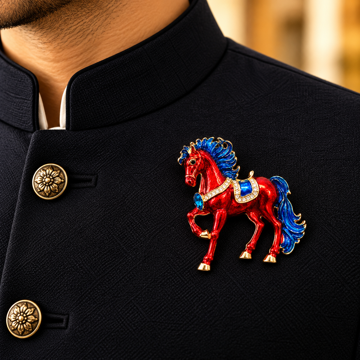 Albetro The Chetak royal enamel horse brooch on navy bandhgala jacket