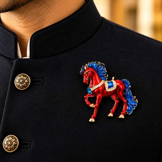 Albetro The Chetak royal enamel horse brooch on navy bandhgala jacket