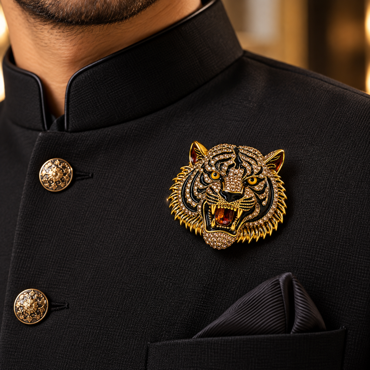 Albetro The Royal Bengal crystal tiger brooch on black bandhgala jacket
