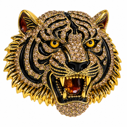 Albetro The Royal Bengal gold crystal roaring tiger brooch detailed view