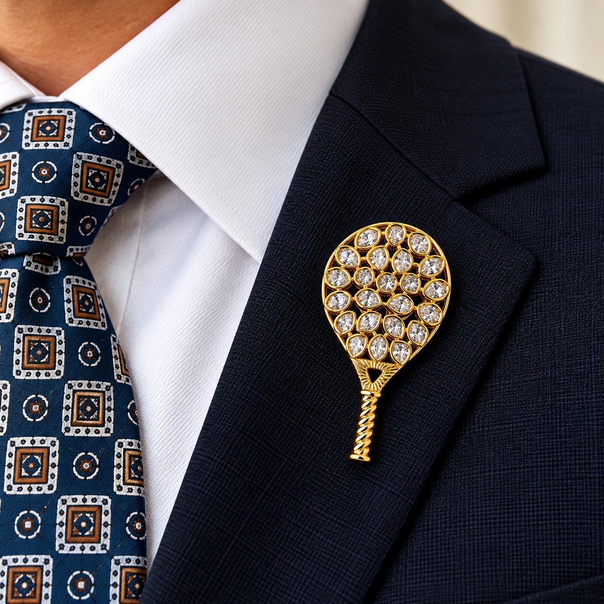 Albetro The Grand Slam crystal tennis racket brooch on navy blazer lapel