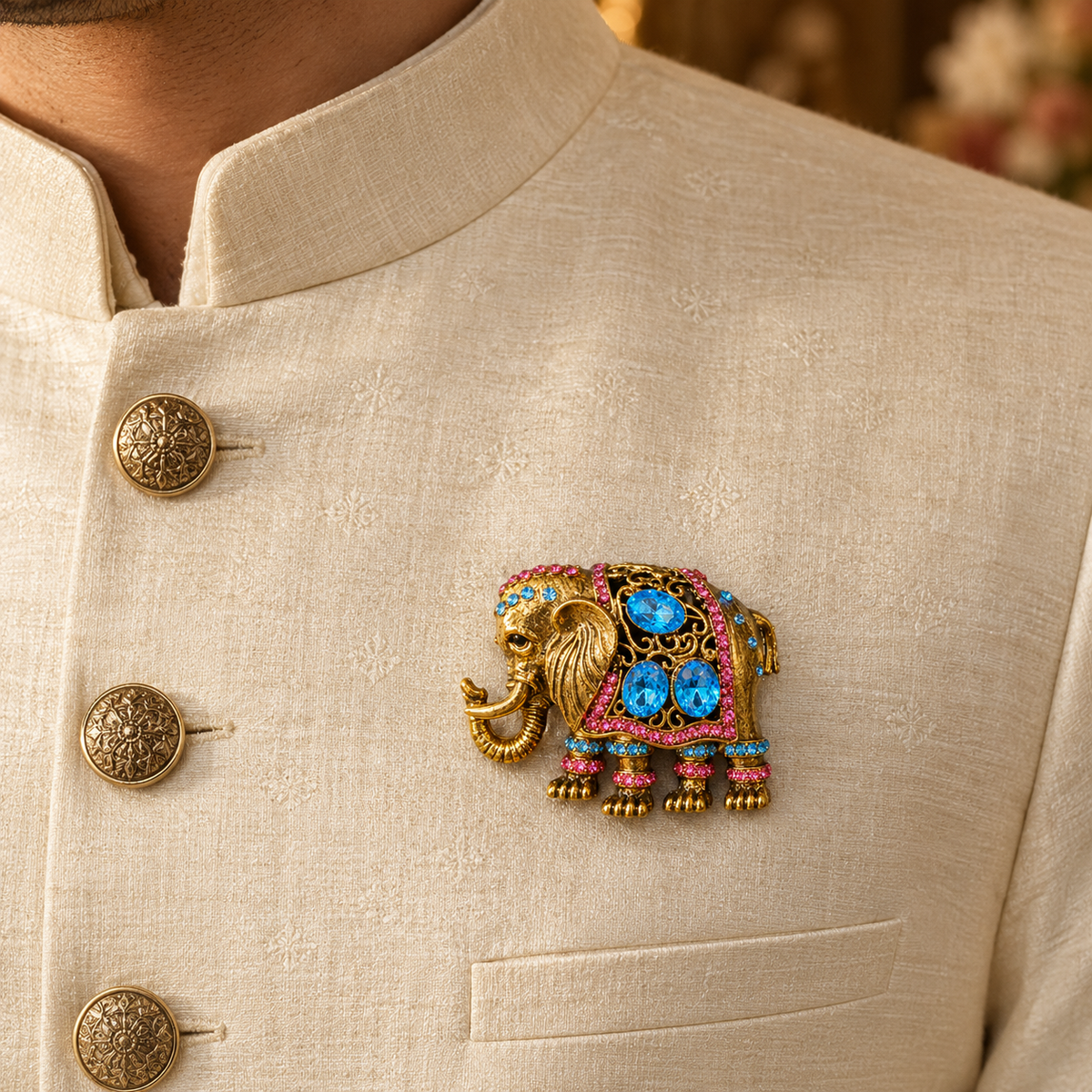 Albetro The Jaipur Tusker jewelled gold elephant brooch on ivory bandhgala