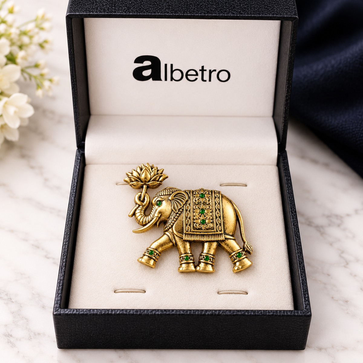 Albetro The Lotus Gaja antique gold elephant brooch close-up view