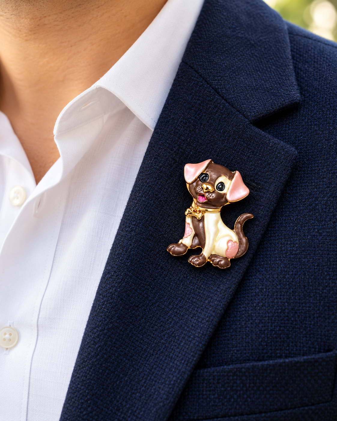 Albetro The Cocoa Pup enamel puppy magnetic brooch on navy blazer
