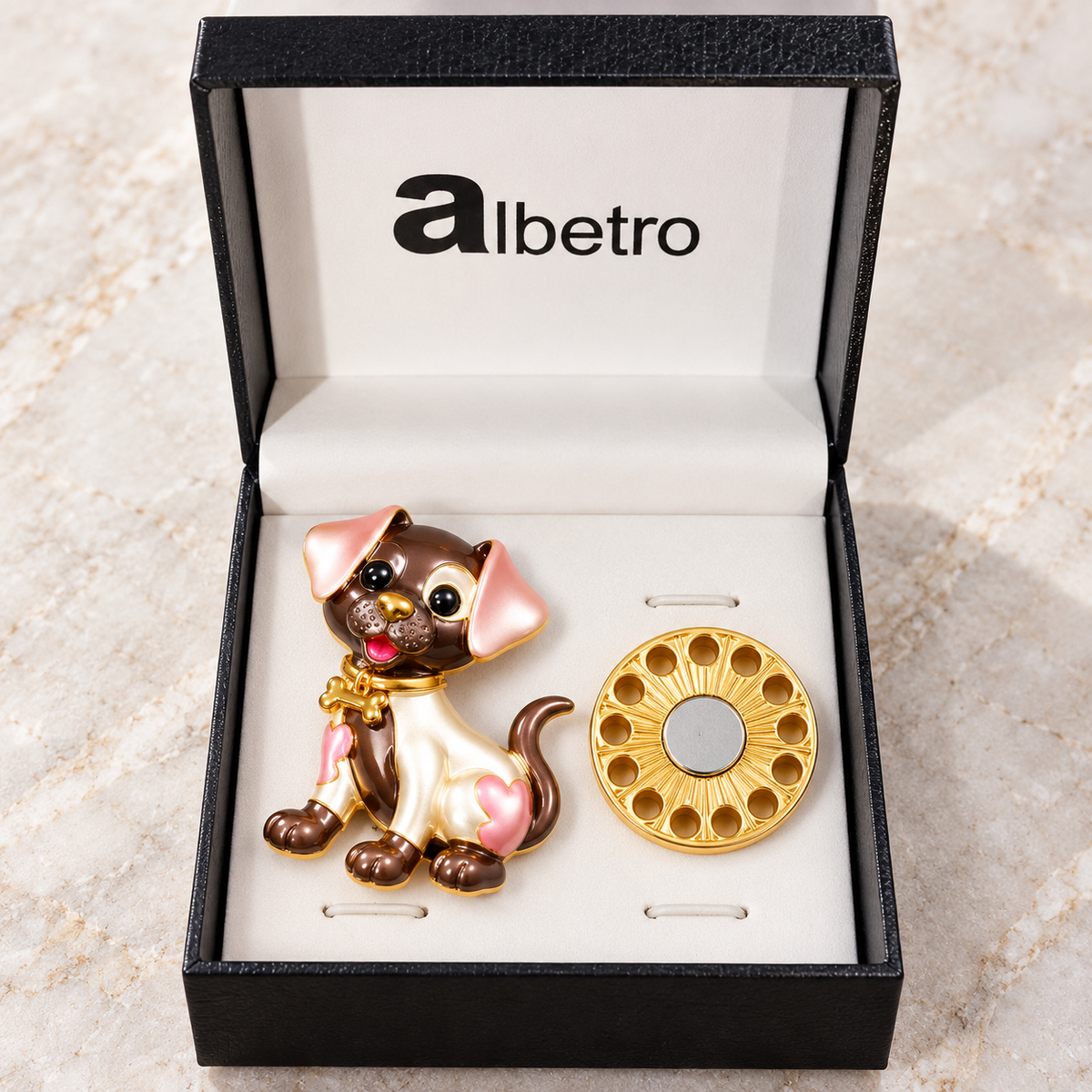 Albetro The Cocoa Pup magnetic puppy brooch close-up view