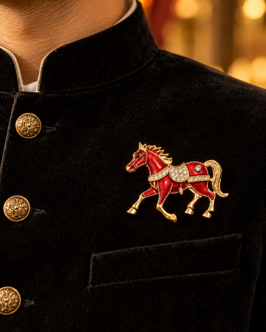 Albetro The Ashva Rouge red enamel horse brooch on black bandhgala