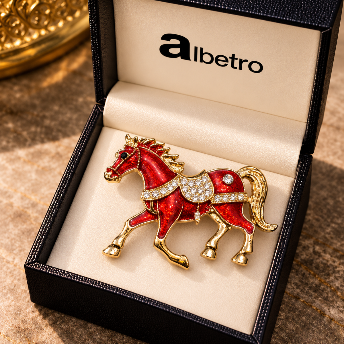 Albetro The Ashva Rouge enamel horse brooch close-up view