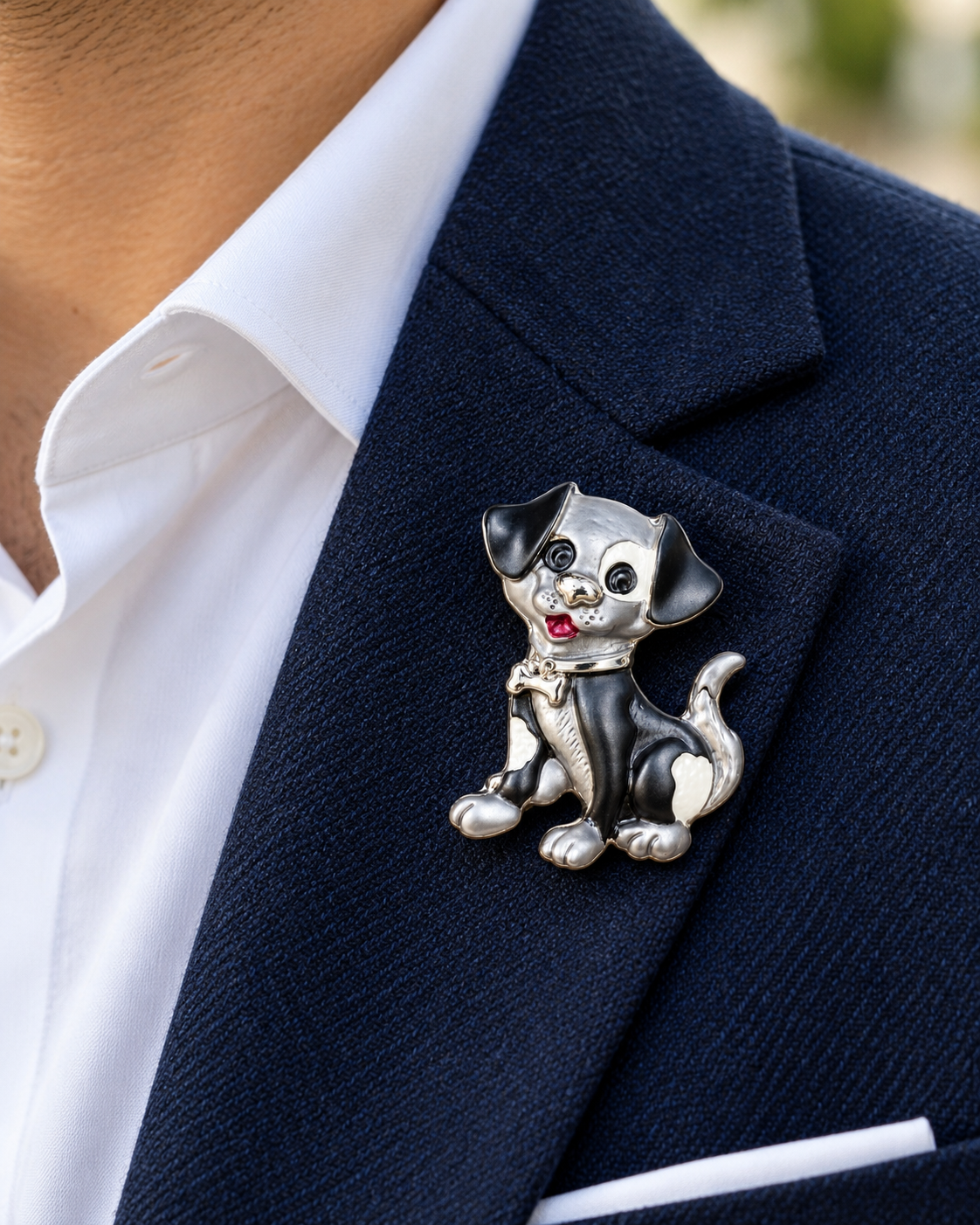 Albetro The Tuxedo Pup silver black enamel puppy magnetic brooch on navy blazer