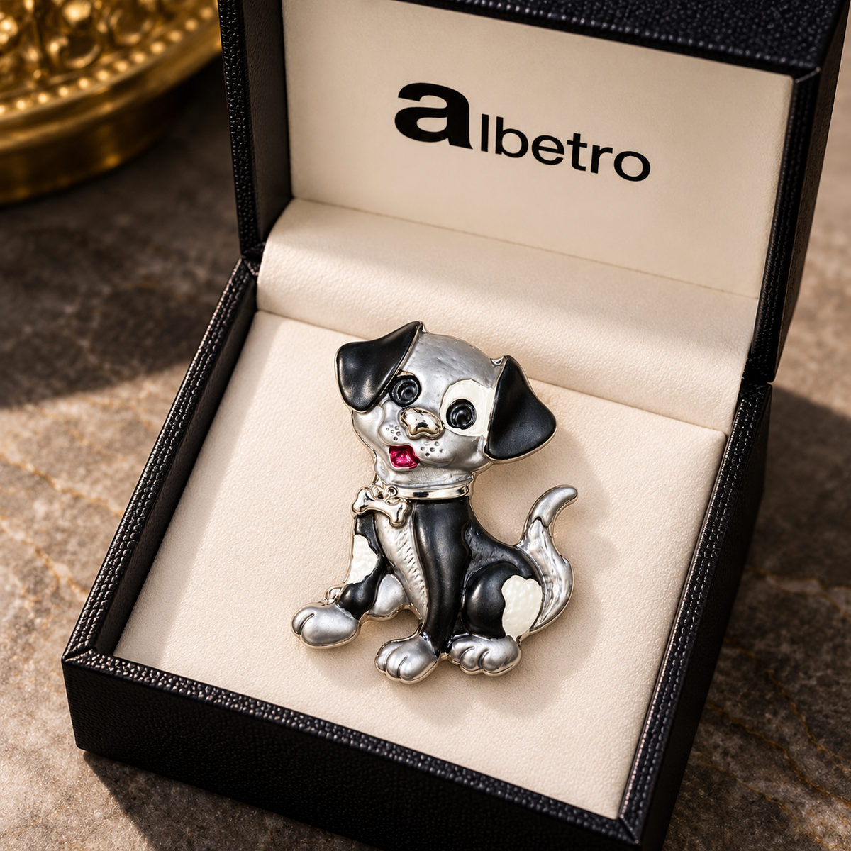 Albetro The Tuxedo Pup magnetic puppy brooch close-up view