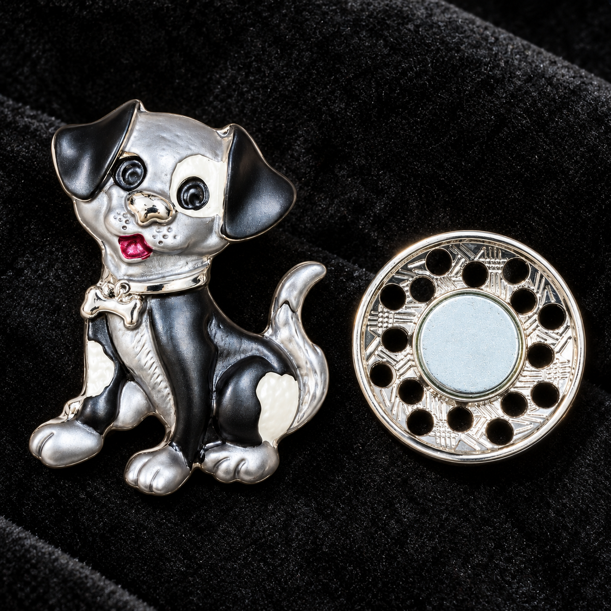 Albetro The Tuxedo Pup magnetic brooch back closure view