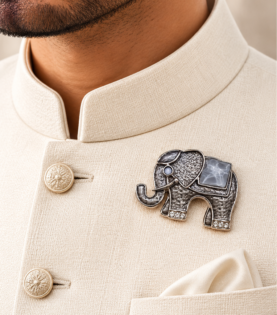 Albetro The Stone Gaja oxidised elephant magnetic brooch on cream bandhgala