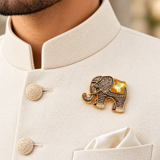 Albetro The Amber Gaja oxidised gold elephant magnetic brooch on ivory bandhgala