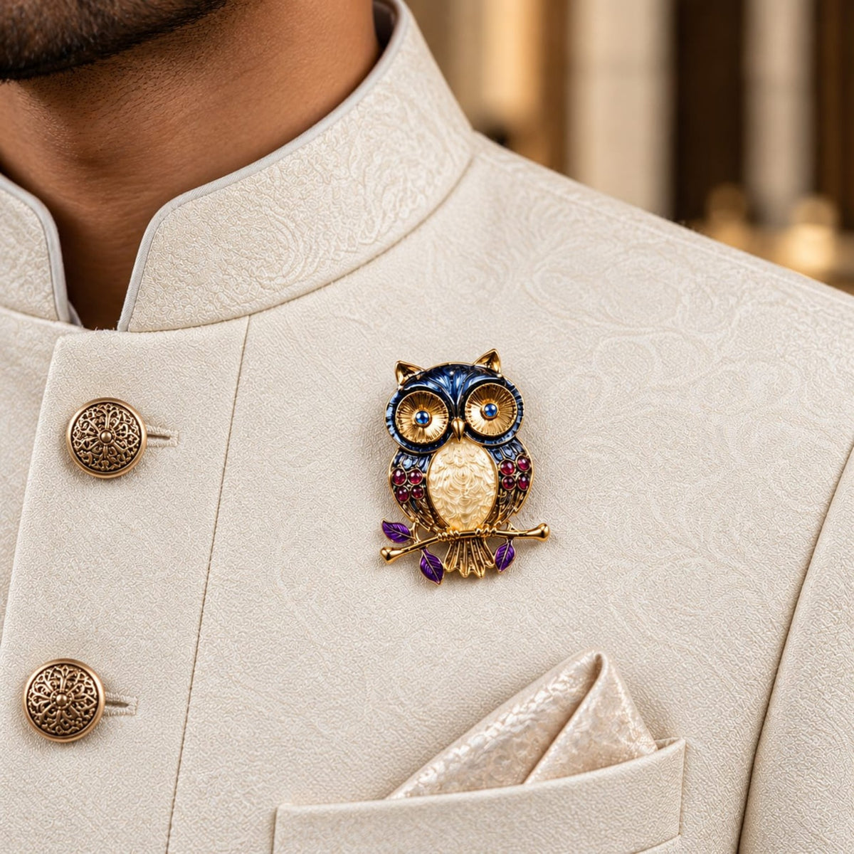 Albetro The Midnight Owl blue enamel owl magnetic brooch on cream sherwani