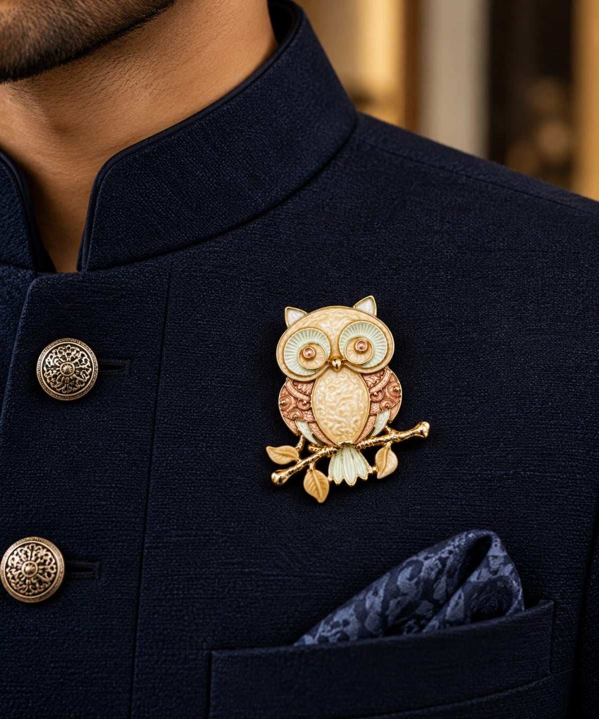 Albetro The Ivory Owl pastel enamel owl magnetic brooch on navy bandhgala