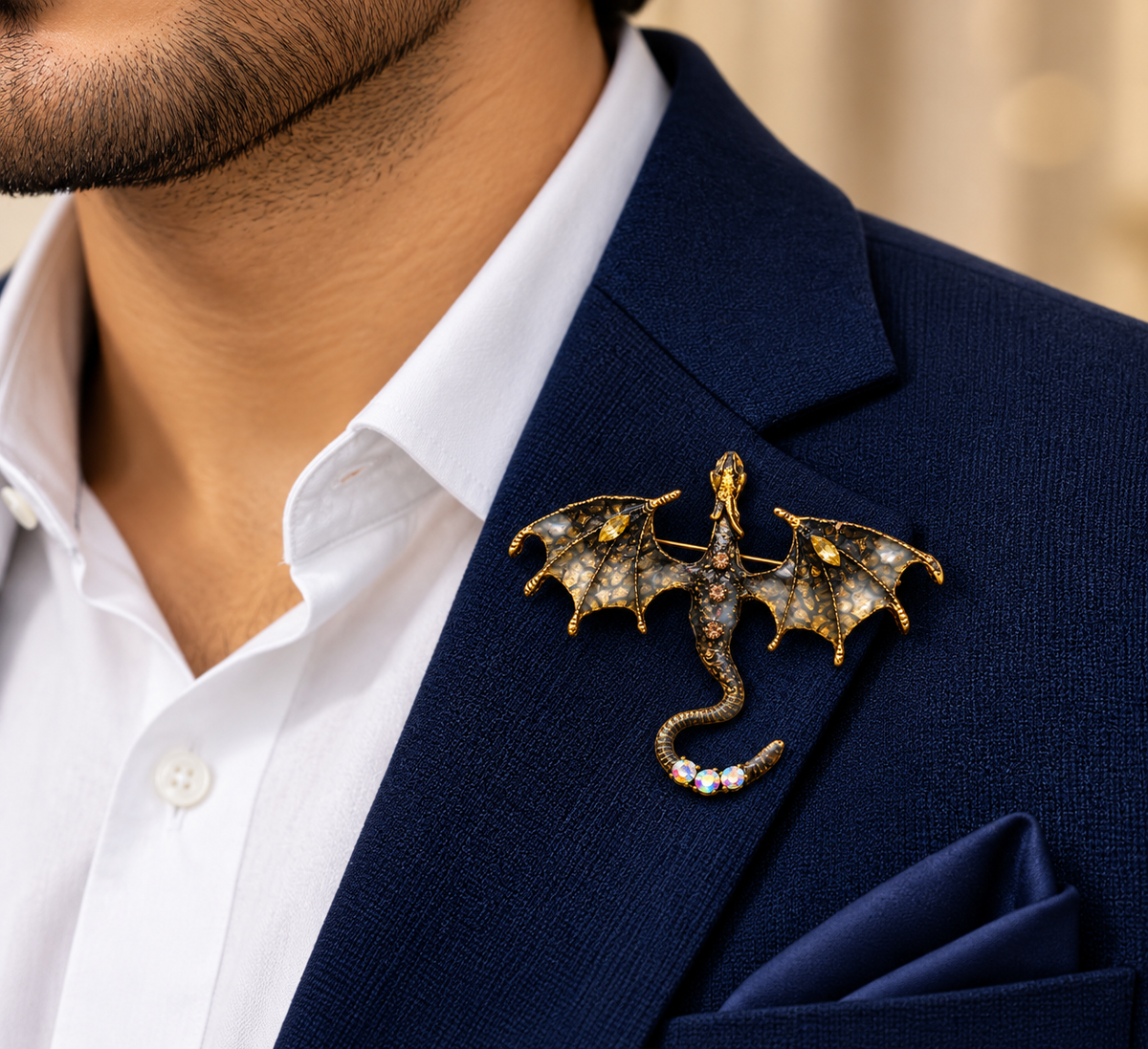 Albetro The Draco d'Or gold dragon crystal brooch on navy blazer