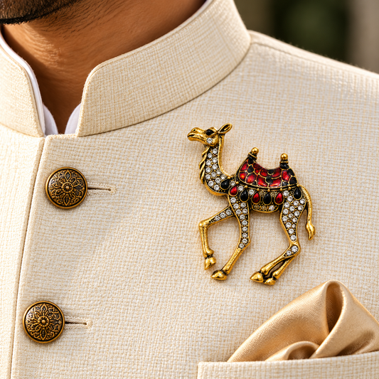 Albetro The Thar Royale crystal camel brooch on cream bandhgala