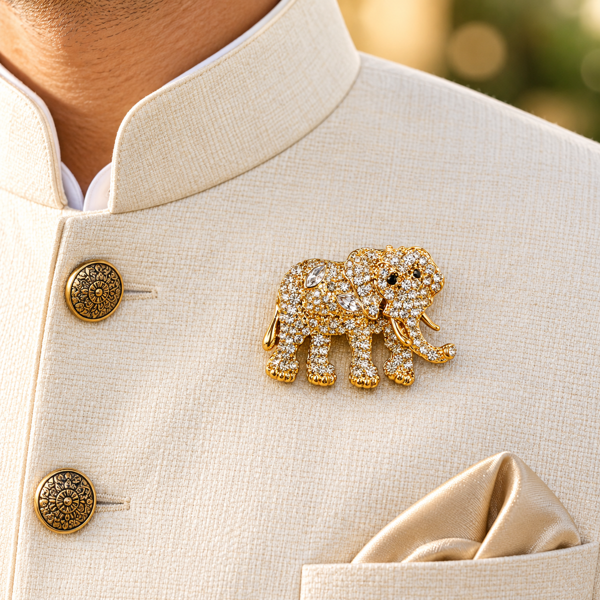 Albetro The Gilded Gaja full pavé gold elephant brooch on ivory bandhgala