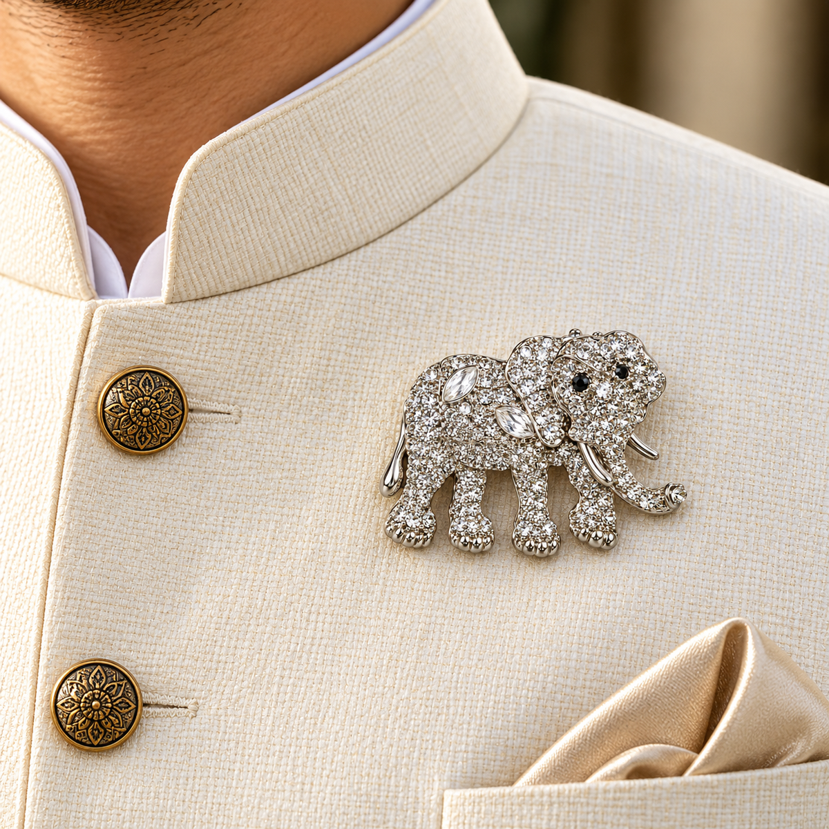 Albetro The Crystal Gaja full pavé silver elephant brooch on ivory bandhgala