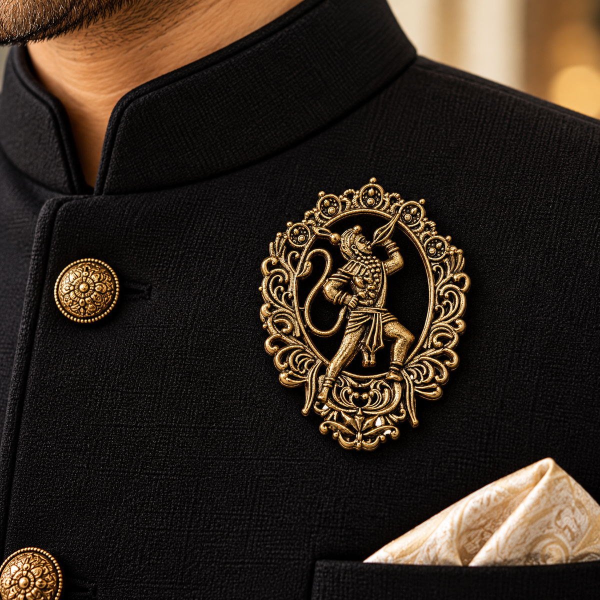 Albetro The Bajrangbali framed gold Hanuman brooch on black bandhgala