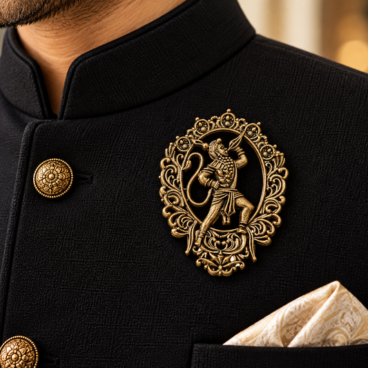 Albetro The Bajrangbali framed gold Hanuman brooch on black bandhgala