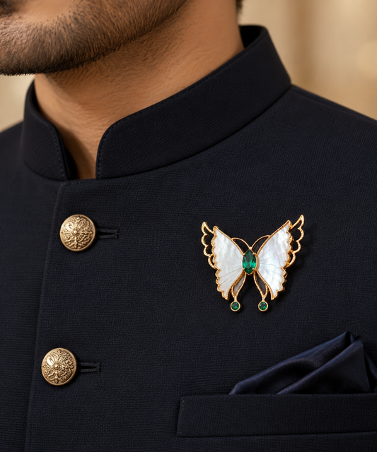 Albetro The Pearl Wing mother of pearl butterfly brooch on navy bandhgala