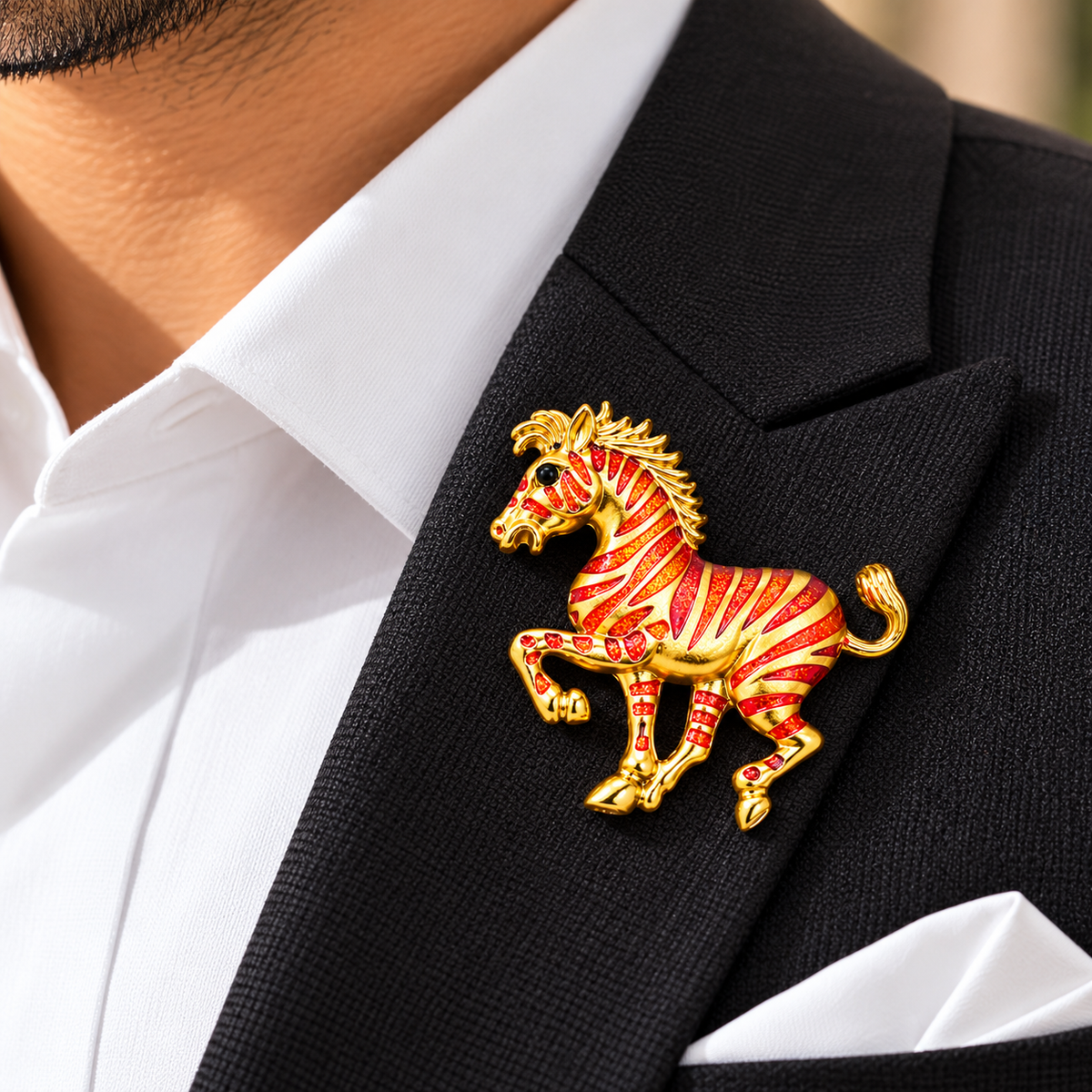Albetro The Flame Stallion enamel gold horse brooch on black suit lapel