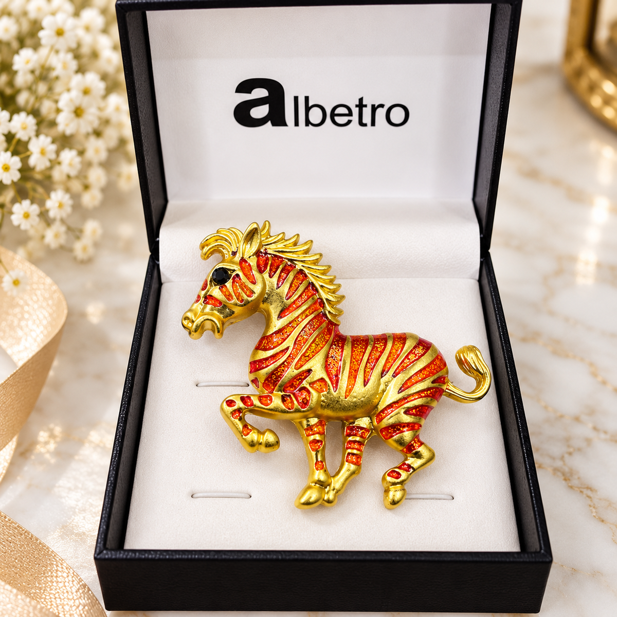 Albetro The Flame Stallion horse brooch close-up view