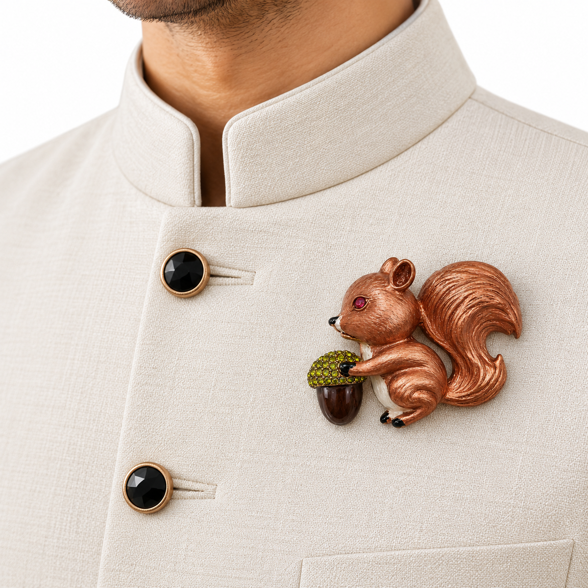 Albetro The Acorn Keeper copper squirrel brooch on cream bandhgala