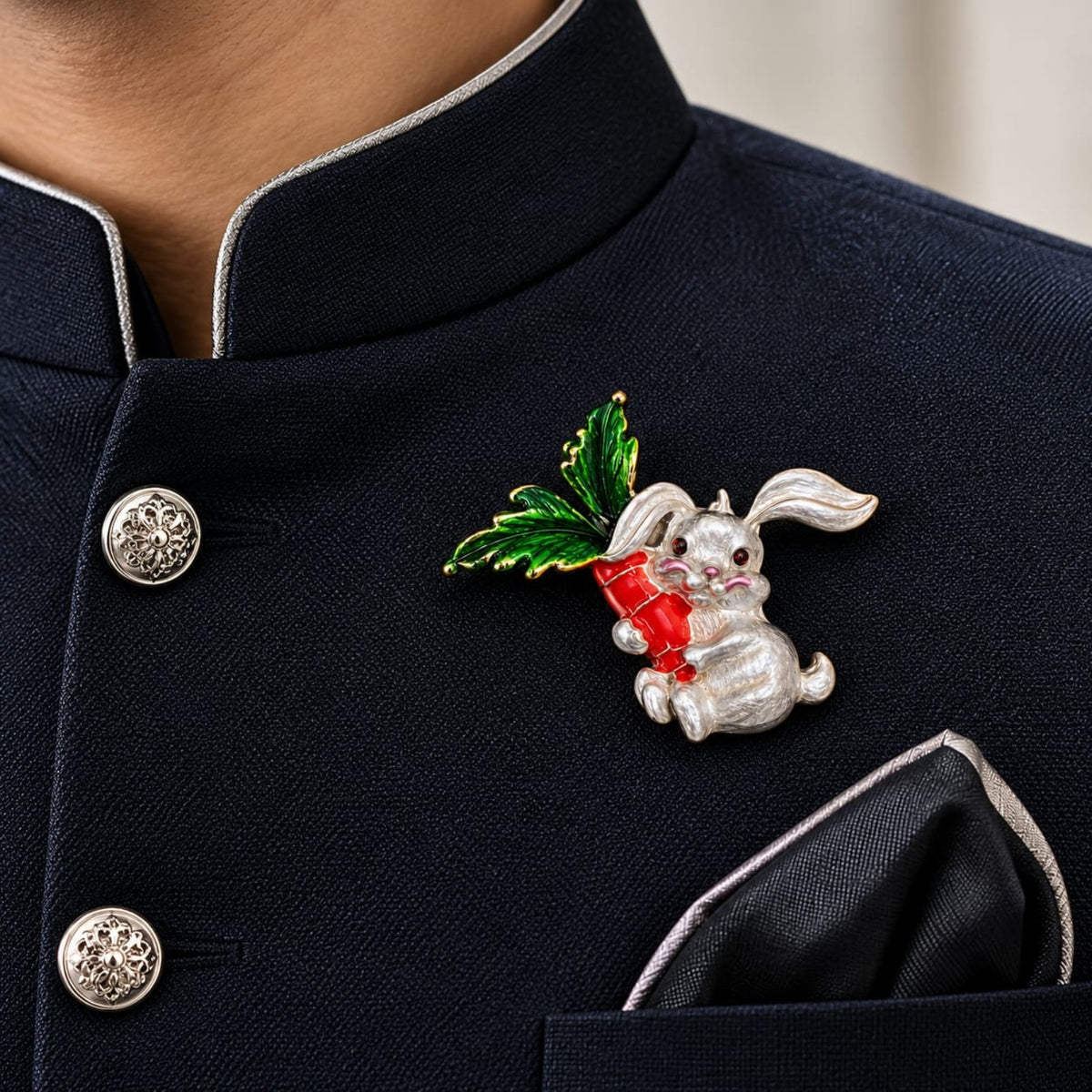 Albetro The Garden Bunny enamel rabbit with carrot brooch on navy bandhgala