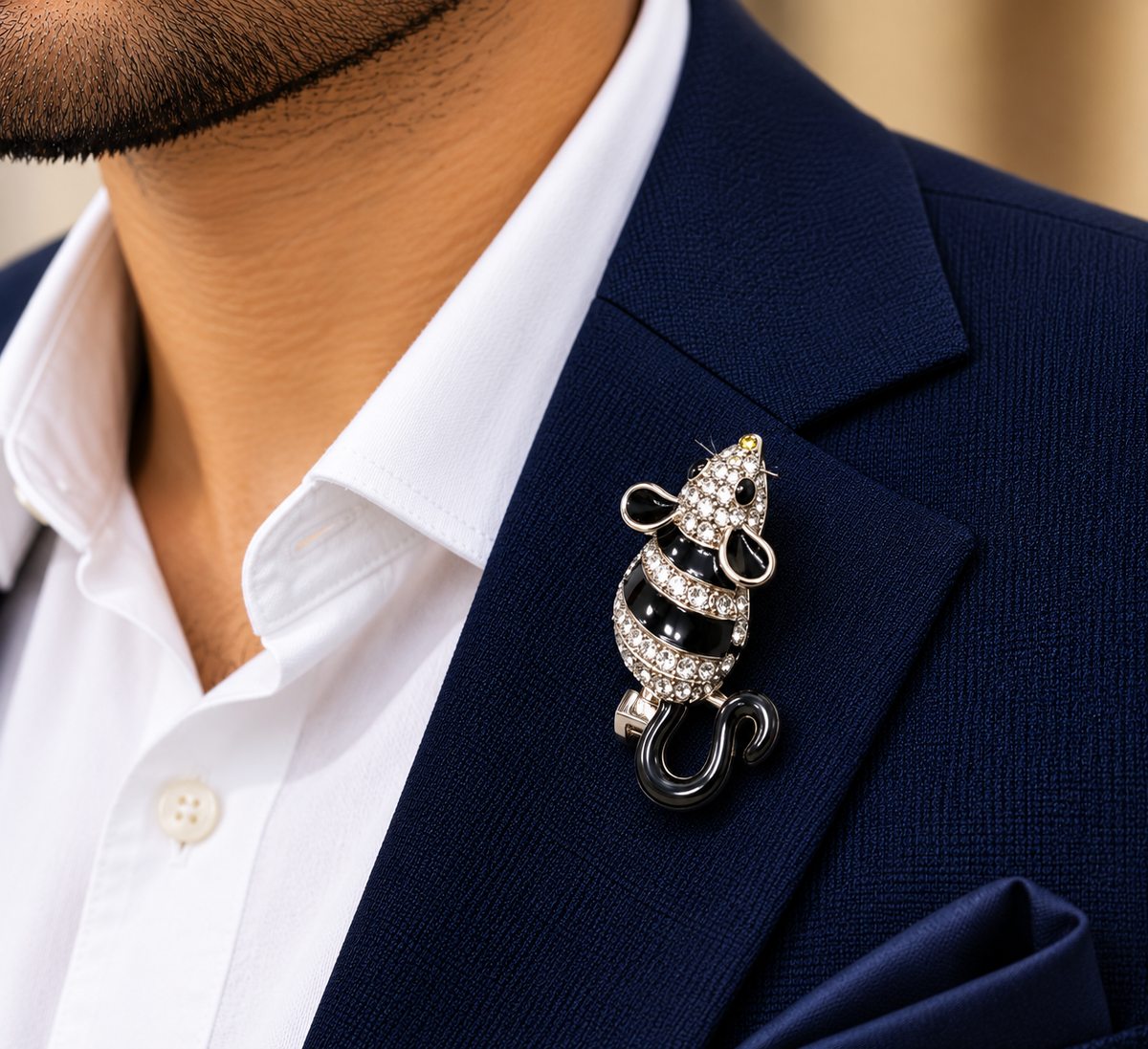 Albetro The Midnight Mouse crystal enamel mouse brooch on navy blazer
