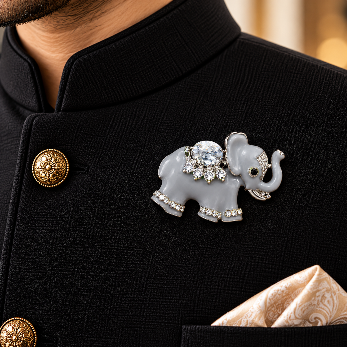 Albetro The Little Tusker grey enamel elephant brooch on black bandhgala