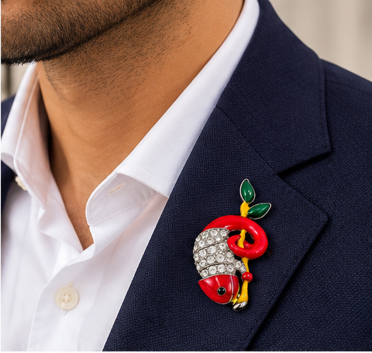 Albetro The Chameleon Rouge red enamel crystal brooch on navy blazer