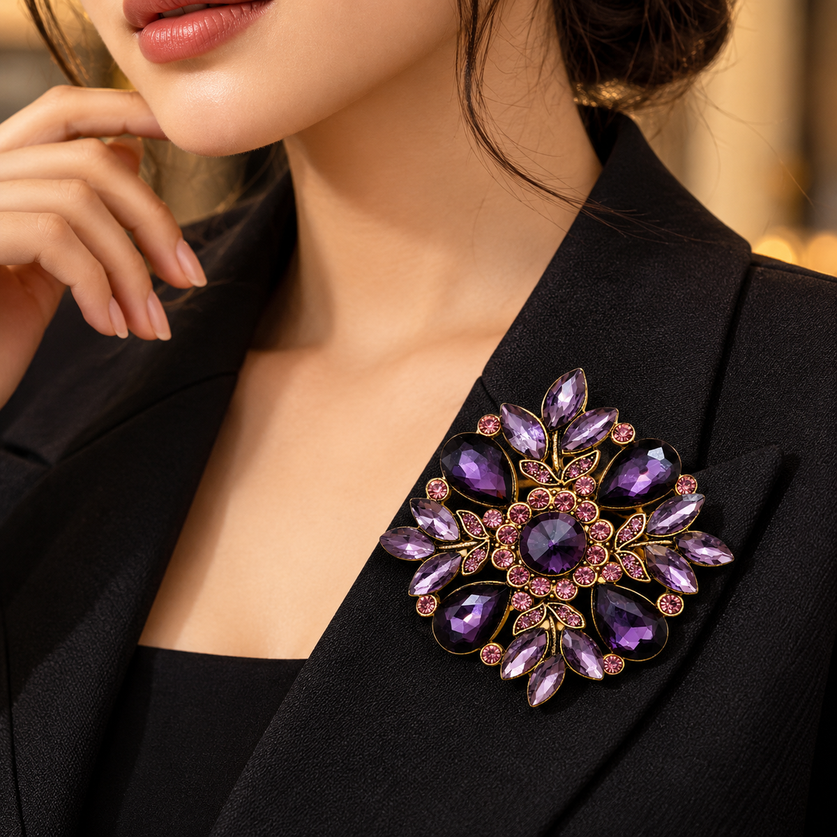 Albetro The Amethyst Bloom purple crystal brooch on black blazer