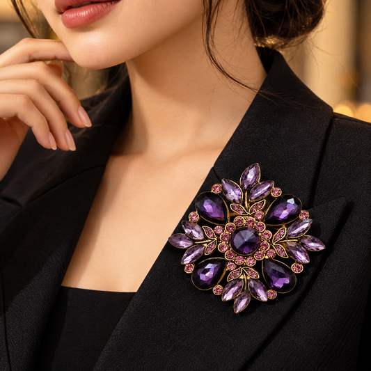 Albetro The Amethyst Bloom purple crystal brooch on black blazer