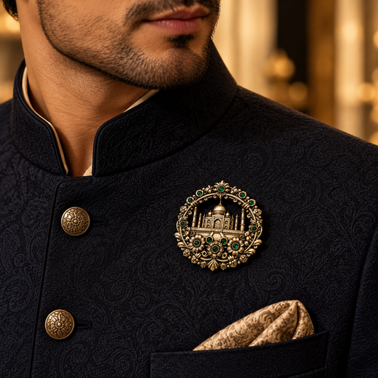 Albetro The Taj Royale antique gold Taj Mahal brooch on navy bandhgala
