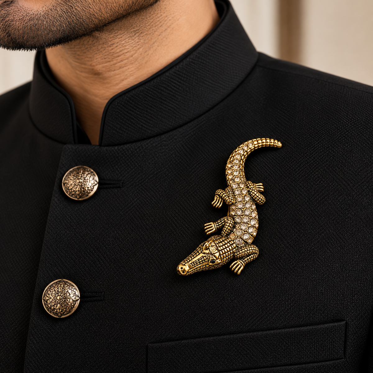 Albetro The Nile d'Or gold crystal crocodile brooch on black bandhgala