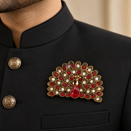 Albetro The Ruby Mayura red crystal peacock brooch on black bandhgala