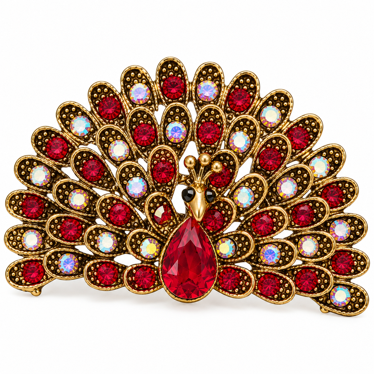 Albetro The Ruby Mayura red gold peacock brooch detailed view