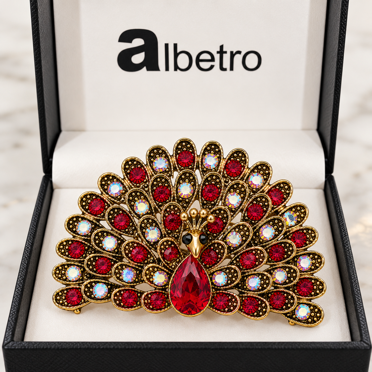 Albetro The Ruby Mayura peacock brooch close-up view