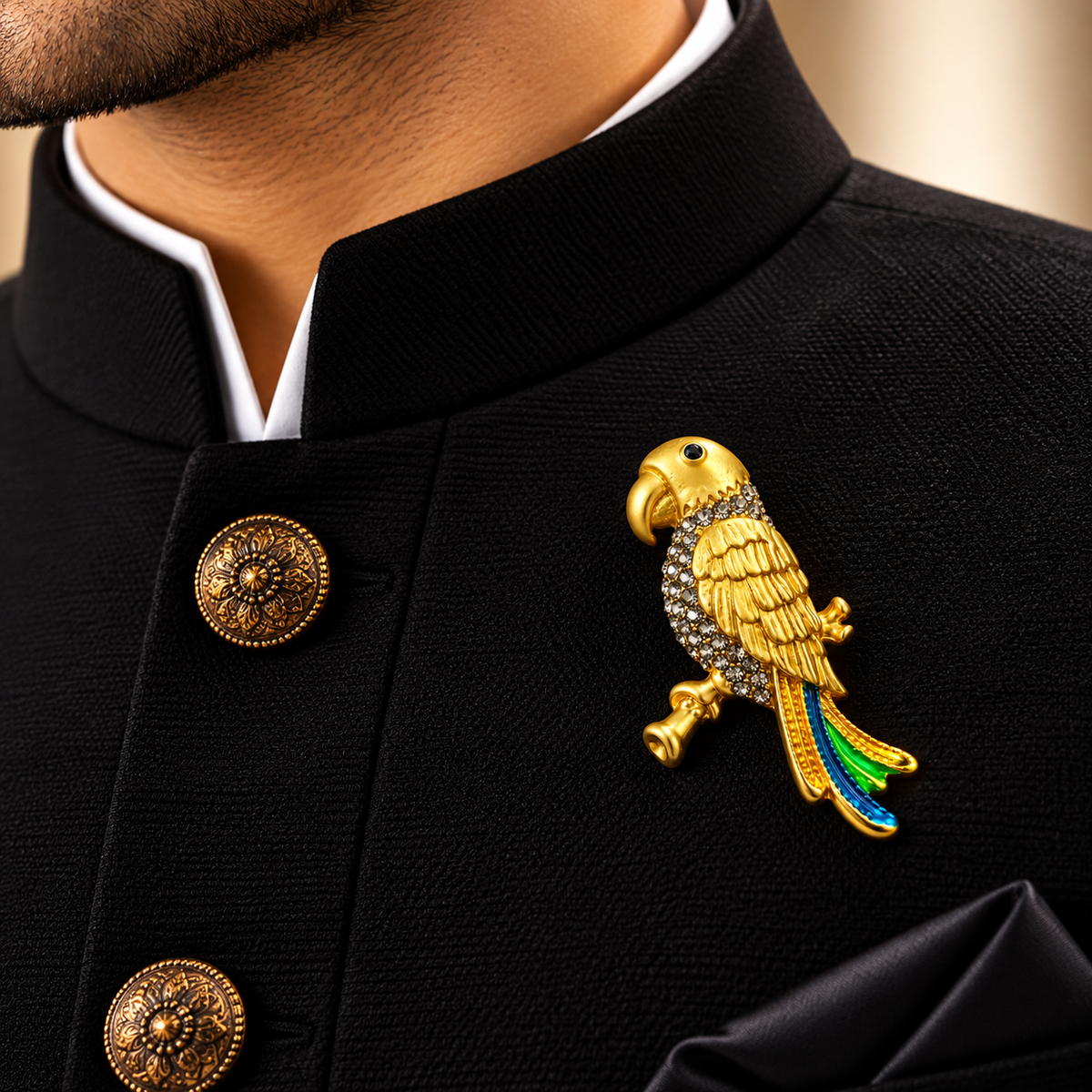 Albetro The Sona Mithu gold crystal parrot brooch on black bandhgala