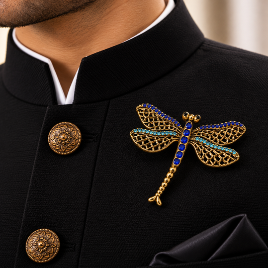 Albetro The Sapphire Dragonfly gold crystal brooch on black bandhgala