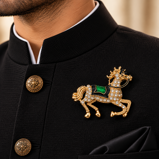 Albetro The Jade Charger crystal gold horse brooch on black bandhgala