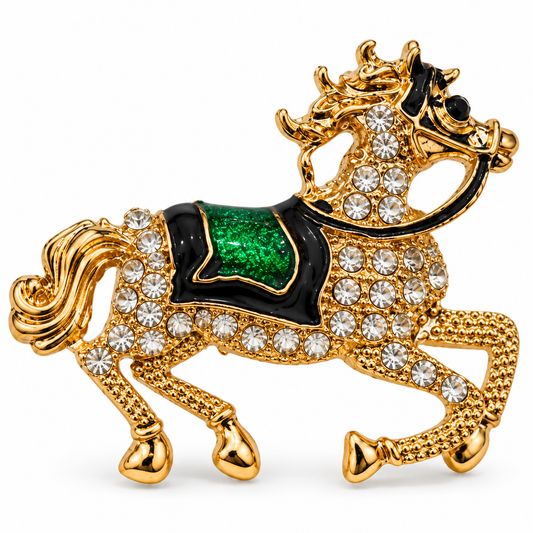 Albetro The Jade Charger gold horse with green saddle brooch detailed view