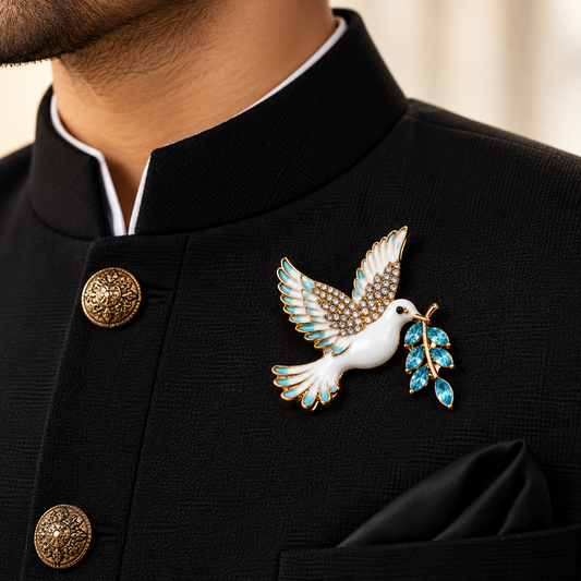 Albetro The Shanti Dove white enamel crystal dove brooch on black bandhgala