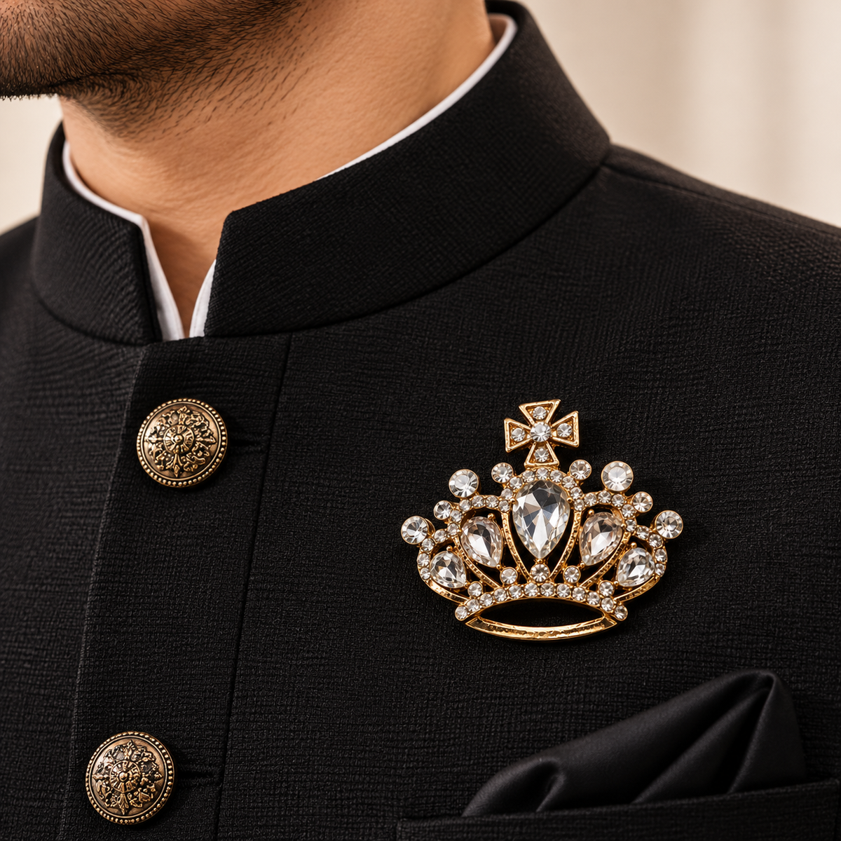 Albetro The Coronation crystal crown brooch on black bandhgala